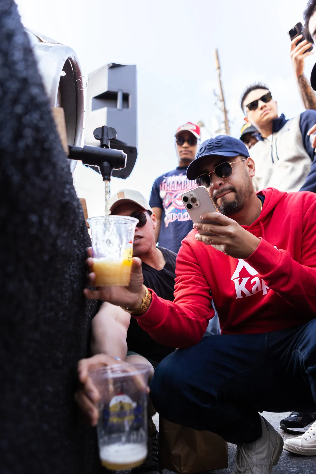 Festival-goers together at long shared tables